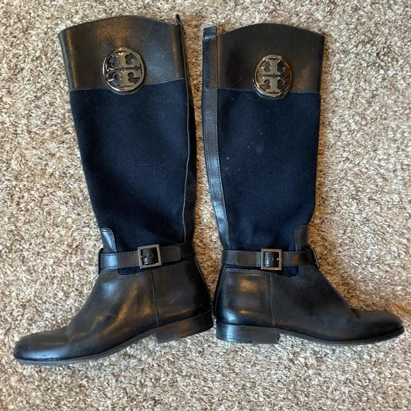Tory Burch Riding Boots Wool Leather Black Navy Womens Size 6 - Picture 1 of 8
